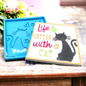 Life is better with a cat coaster silicone mold, tray casting for concrete, plaster resin cement, relief casting mould DIY crafter gift idea