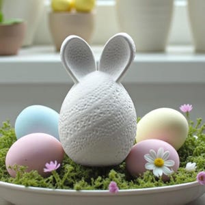 Könnte beinhalten: Eine weiße Keramik-Osterhasenfigur mit strukturierten Details, umgeben von pastellfarbenen Eiern und kleinen Blumen auf einem Bett aus grünem Moos. Die Eier sind hellblau, rosa und gelb, was eine frühlingshafte Dekoration ergibt.