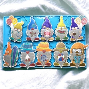 Set of 10 gnomes silicone casting mold, summer theme, epoxy resin keychain mould, plaster concrete dwarf imp nautical DIY idea ornaments.