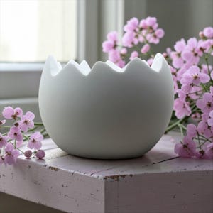 Può includere: Una ciotola in ceramica bianca a forma di guscio d'uovo, con un bordo irregolare. È posizionata su una superficie di legno rosa chiaro usurata, con fiori rosa sullo sfondo. Un oggetto decorativo.