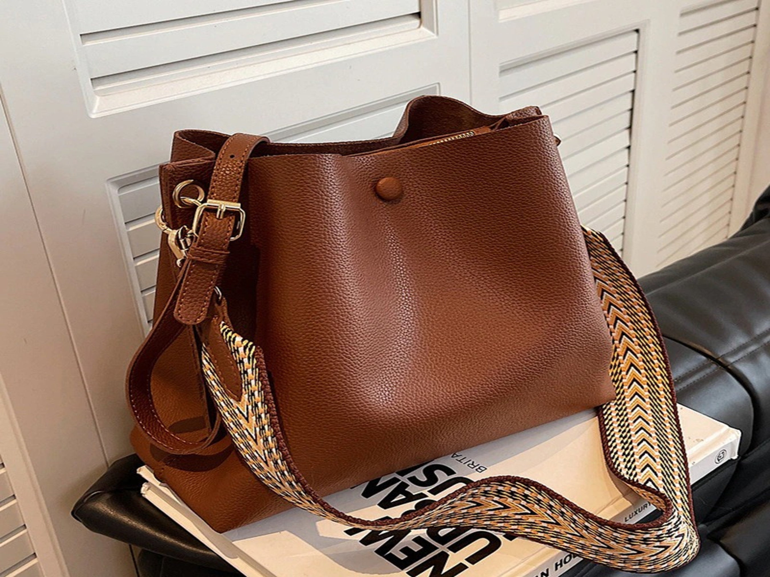 Women's Brown Genuine Leather Shoulder Bucket Bag with Wide Strap