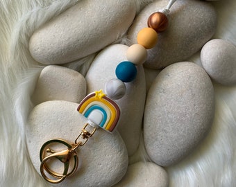Neutral Rainbow - Personalized Teacher Lanyard Holder - ID Badge Card Lanyard with Keyring - Nurse Gift Teacher Gift - Beaded Lanyard