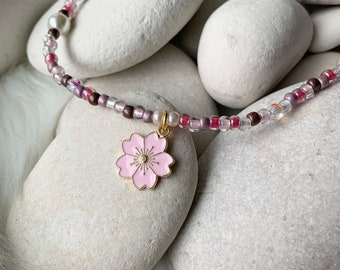 Pink Hibiscus Flower Charm Necklace - Kids Necklace - Handmade Childrens Jewelry