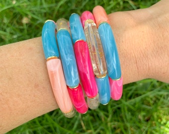 Acrylic Bamboo Macaroni Bead Bracelet Peach Turquoise Light Pink Fuchsia and Clear Gold Glitter - Colorful Bangle Stacking Bracelet