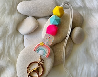 Neon Rainbow - Personalized Teacher Lanyard Holder - ID Badge Card Lanyard with Keyring - Nurse Gift Teacher Gift - Beaded Lanyard