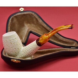 Natural Lattice Meerschaum, Classical Meerschaum, Lattice Pipe, Pipe with Leather Fitted Case, Turkish Meerschaum, Genuine Meerschaum