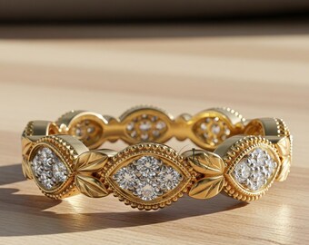 Vintage Nature-Inspired Engagement Band, Full Eternity Wedding Band, Round Shape Moissanite Band, Bezel With Milgrain Band, 10K Gold Band