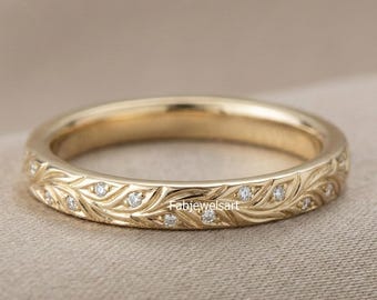 Vintage Style Art Deco Band, Leaf Engraved Engagement Band, Filigree Wedding Band, Round Moissanite Diamond Band, Thin 14k Solid Gold Ring