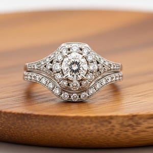 以下が含まれることがあります： ダイヤモンドの婚約指輪セット。婚約指輪は、小さな石に囲まれた中央の丸いダイヤモンドが特徴です。バンドもダイヤモンドで飾られており、キラキラとした効果を生み出しています。木製の表面に置かれています。