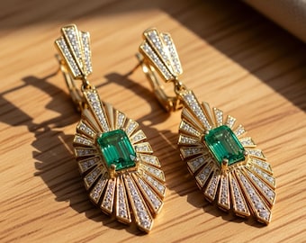 Vintage Edwardian Earring, Green Emerald Gemstone Earring, Round & Emerald Shape Wedding Earring, Drop Dangle Earring, Latch Back Earring