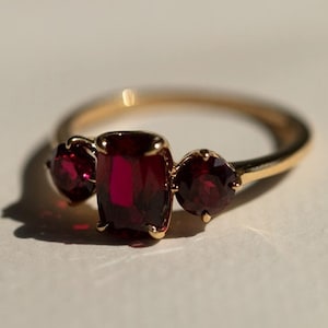 Red Ruby Diamond Ring, Three Stone Gemstone Ring, Elongated Cushion & Round Cut Engagement Ring, Past Present Future Wedding Ring, 14K Gold