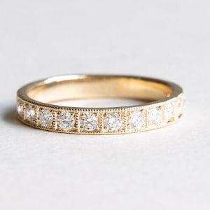 Round Cut Moissanite Band, Half Eternity Wedding Band, Round Milgrain Engagement Ring, Solitaire Band, 14kYellow Gold Ring, Anniversary band