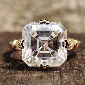 4.5 CT Asscher & Round Cut Moissanite Ring, Bridge Engagement Ring, Solitaire Wedding Ring, Bezel Set Ring, 14K Gold Ring, Anniversary Ring