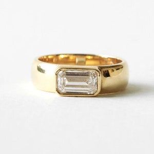 Wide Band Dome Style Engagement Ring, East West Wedding Ring, Emerald Shape Moissanite Band, 14k Gold Ring, Bezel Set Ring, Solitaire Ring