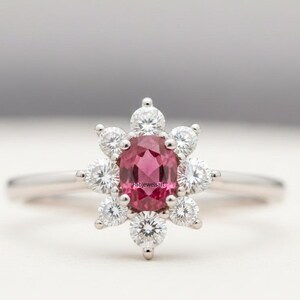 Oval Cut Pink Ruby Halo Engagement Ring, Floral Cluster Ring, Oval Cut Solitaire Ring, Cluster Ring, Pink Ruby Halo Ring
