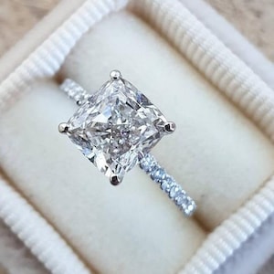 2.5 CT Cushion Cut Moissanite Diamond Ring, Solitaire With Accent Ring, Engagement Ring, Hidden Halo Wedding Ring, Anniversary Gift Ring