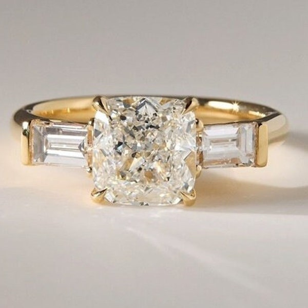 Three Stone Engagement Ring, Cushion & Baguettes Shape Moissanite Ring, Half Bezel Set Wedding Ring, Past Present Future Ring, 14K Gold Ring