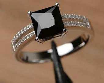 2.00 CT Princess Cut Black Diamond Moissanite Ring, Solitaire With Accent Ring, Split Shank Ring, 14K White Gold Ring, Women's Wedding Ring