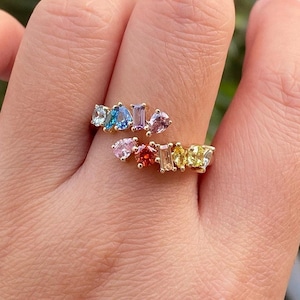 Open Cuff Gemstone Ring, Half Eternity Band, Multi Colour Stone Engagement Ring, Multi Shape Ring, Adjustable Diamond Ring, 14k Gold Ring