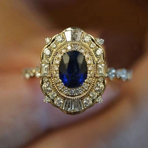 Vintage Art Deco Engagement Ring, Blue Sapphire Oval Cut Gemstone Ring, Milgrain Bezel Set Ring, Double Halo Ring, Round & Baguette Cut Ring