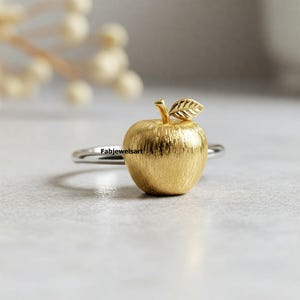 Two Tone Apple Ring, Apple Shape Ring, Dainty Apple Ring, Fruit Inspired Ring, Leaf Inspired Ring, 925 Silver Band With Yellow Plated Ring