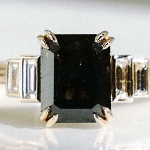 Five Stone Engagement Ring, Black Onyx Ring, Emerald Cut Moissanite Wedding Ring, Half-bezel Set Ring, Baguette Diamond Ring, 14K Gold Ring