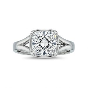 Solitaire Engagement Ring, Split Shank Wedding Ring, Cushion Shape Moissanite Ring, Bezel With Prongs Ring, 925 Silver, Promise Ring-For Her