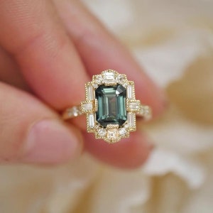 Multi-Cut Engagement Ring, Green Emerald Gemstone Ring, Milgrain Ring, Halo Wedding Ring, Solitaire WithAccent Ring, Bezel Set Ring,14KGold