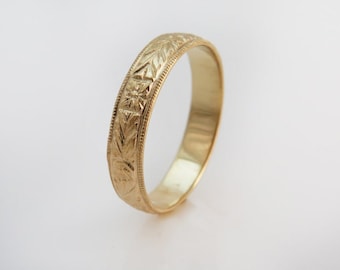 Antique Wedding Ring, Unisex 14K Gold Band, Vintage Wedding Ring, Pattern Band, Engraved Ring, Floral Band, Victorian Engagement Band