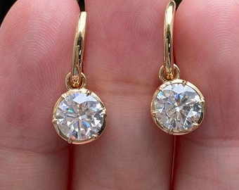 Solitaire Engagement Earring, Round Cut Moissanite Earring, Hook Earring, Bezel Set Earring, Minimalist Earring, Daily Wear Earring, 14KGold