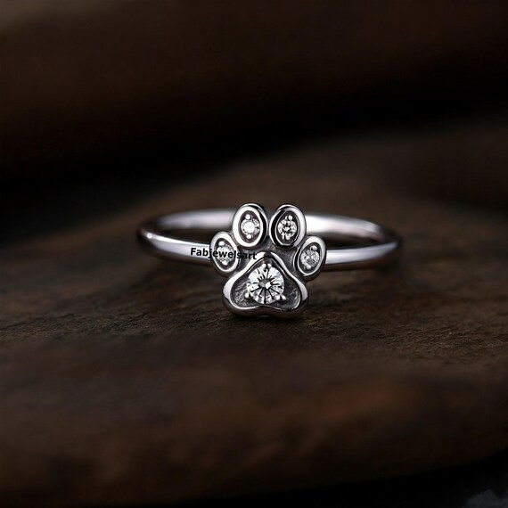 Dog Cat Paw Wedding Ring, Five Stone Engagement Ring, Round
