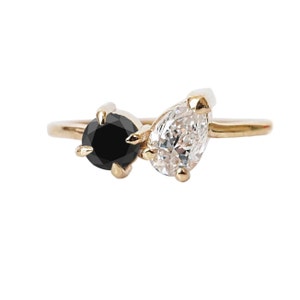 Two Stone Engagement Ring, Pear & Round Shape Wedding Ring, Black Onyx Ring, 14K Solid Gold Ring, Toi Et Moi Ring, Anniversary Gift For Her