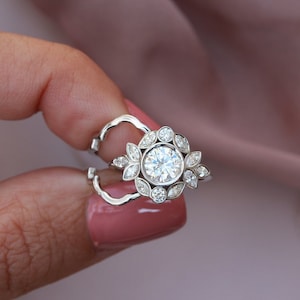 Unique Victorian Bezel Moissanite Engagement Ring Set, Round Moissanite Vine Floral Wedding Ring With Guard Bezel, Enhancer Bridal Ring Set