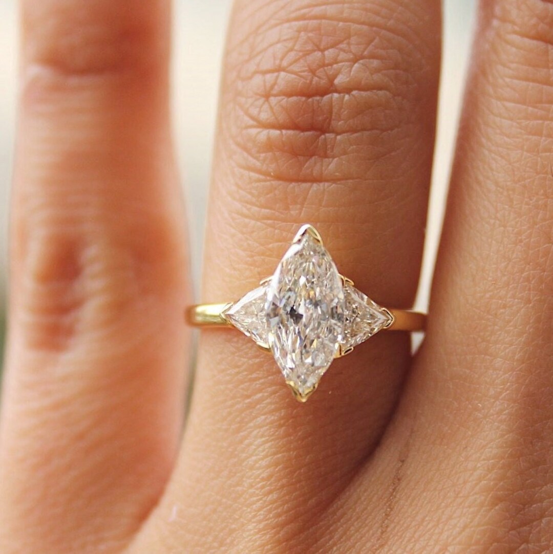 Marquise Cut Diamond Ring, Three Stone Wedding Ring, Trillion Cut