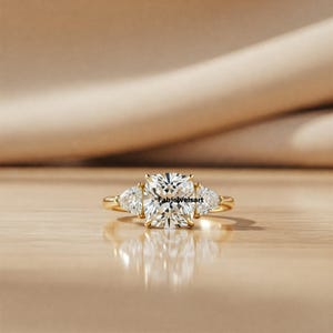 Three Stone Engagement Ring, Pinched Shank Wedding Ring, Cushion & Trilliant Cut Moissanite Ring, Prong Set Ring, 10K Gold Ring,Promise Ring