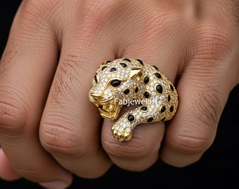 Jaguar Panther Ring, Animal Inspired Ring, Black Enamel Ring, Bezel Set Ring, Open Mouth Ring, Round Cut Moissanite Ring, Yellow Plated Ring