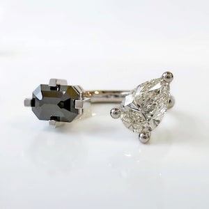Toi Et Moi Engagement Ring, Black Onyx Ring, Fancy & Pear Shape Diamond Ring, Double Stone Solitaire Ring, Adjustable Ring, 925 Silver Ring