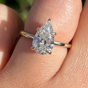 Hidden Halo Wedding Ring, 2CT Pear Cut Moissanite Engagement Ring, Solitaire Diamond Ring, Prong Set Ring, Promise Ring, 14K Solid Gold Ring