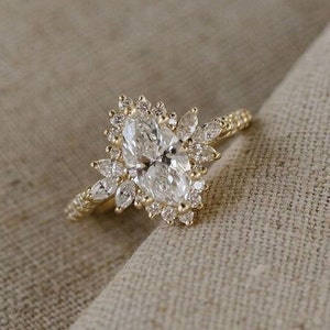 Marquise Cut Moissanite Halo Engagement Wedding Ring, Sunburst Wedding Ring, 14K Gold Engagement Ring,Simulated Diamond Ring, Ring For Her,