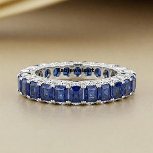 Full Eternity Wedding Band, Radiant Cut Gemstone Band, Prong Set Band, Blue Sapphire Band, September Birthstone Band,925Silver Stacking Band
