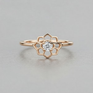 Honeycomb Ring, Minimalist Ring, Round Shape Moissanite Ring, Honeycomb Jewelry, Honey Bee Ring, 14k Solid Gold Ring, Solitaire Ring-For Her