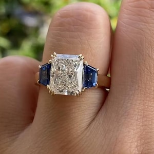 Three Stone Wedding Ring, Blue Sapphire Gemstone Ring, Radiant & Trapezoid Shape Engagement Ring, Past Present Future RIng, 14K Gold Ring