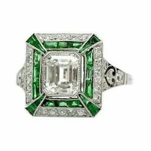 Edwardian 1890s Asscher Diamond Vintage Engagement Ring In 935 Argentium Silver, Halo Art Deco Ring, Green Emerald Gemstone Ring