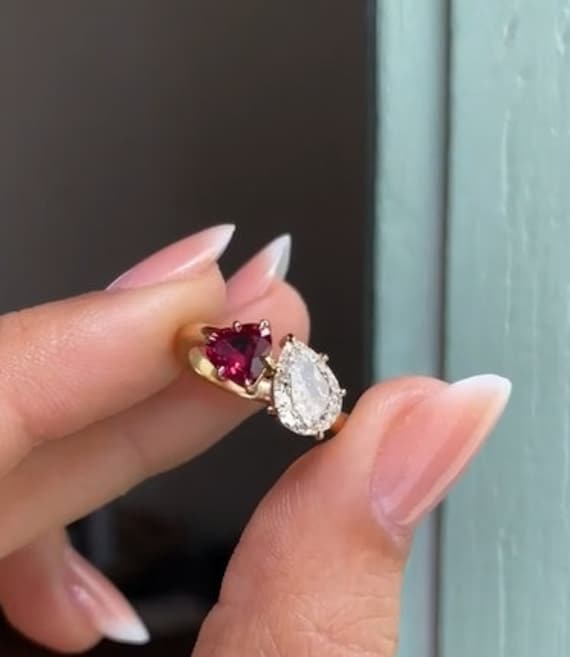 Toi Et Moi Wedding Ring, Pink Ruby Gemstone Ring, Heart Pear Cut