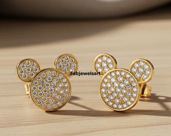 Mickey Mouse Earring, Round Cut Moissanite Earring, Screw Back Earring, Cute Tiny Stud Diamond Earring, Animal Inspired Earring,Gift For Her
