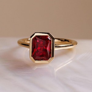 Red Garnet Gemstone Ring, Bezel Set Engagement Ring, Emerald Shape Wedding Ring, Solitaire Ring, 14K Solid Gold Ring, Promise / Propose Ring