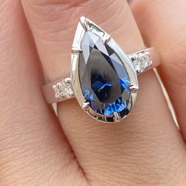 Blue Sapphire Pear Shape Engagement Ring, Bezel Set Ring, Solitaire Wedding Ring, Five Stone Ring, Round Cut Prong Set Ring, 925 Silver Ring