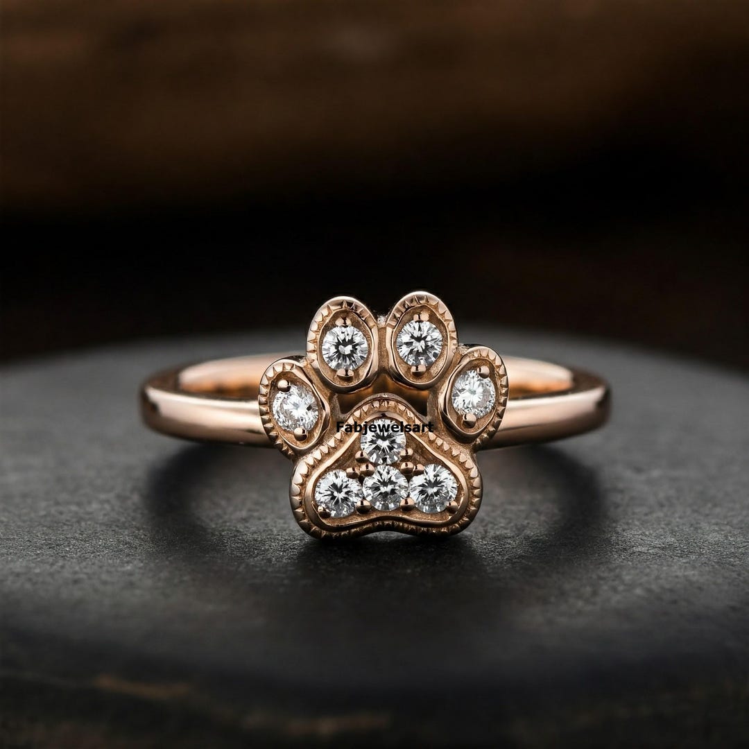 Dog & Cat Paw Wedding Ring, Eight Stone Engagement Ring, Round Shape ...
