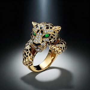 Leopard Panther Ring, Animal Inspired Ring, Black Enamel Ring, Green Emerald Eyes Ring, Bezel Set Ring, Round Cut Ring, Yellow Plated Ring