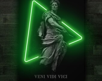 ユリウス・カエサルのネオンサイン、Veni Vidi Viciのネオンサイン、彫像のネオンサイン、カエサルのポップアート、カエサルのアートワーク、カエサルのアート装飾、ローマ帝国の装飾